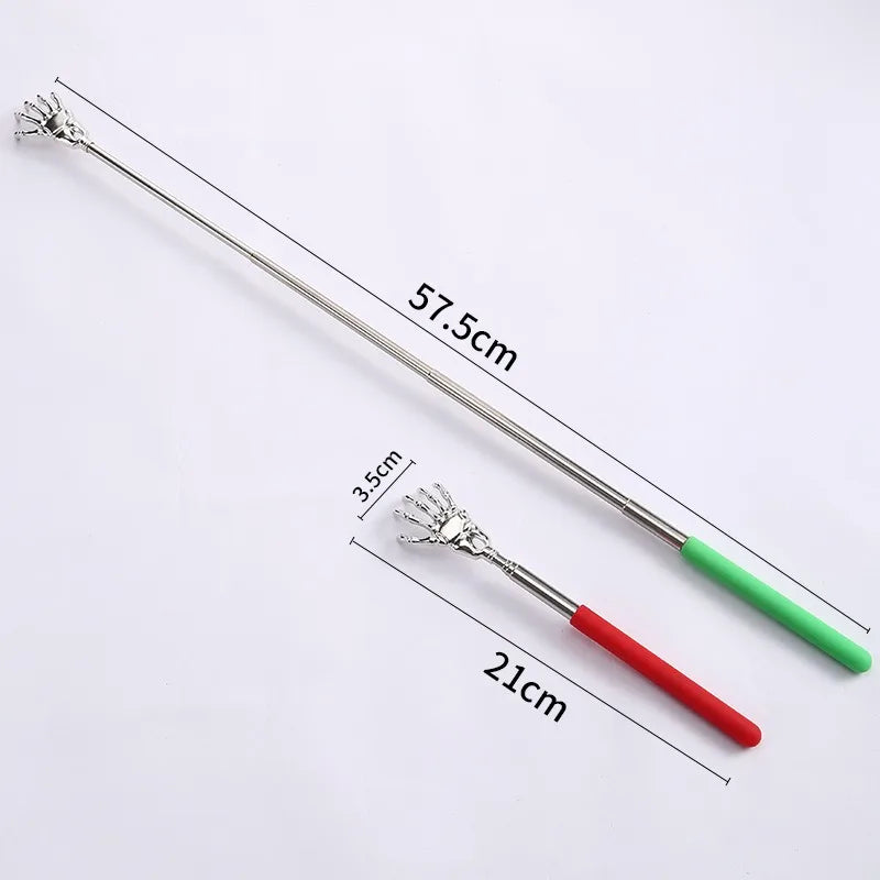 A telescoping stainless steel back massager with a green handle and red grip, showing its length measurements.