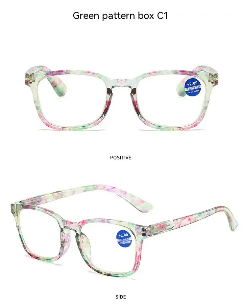 Green pattern box C1 eyeglasses shown in positive and side views