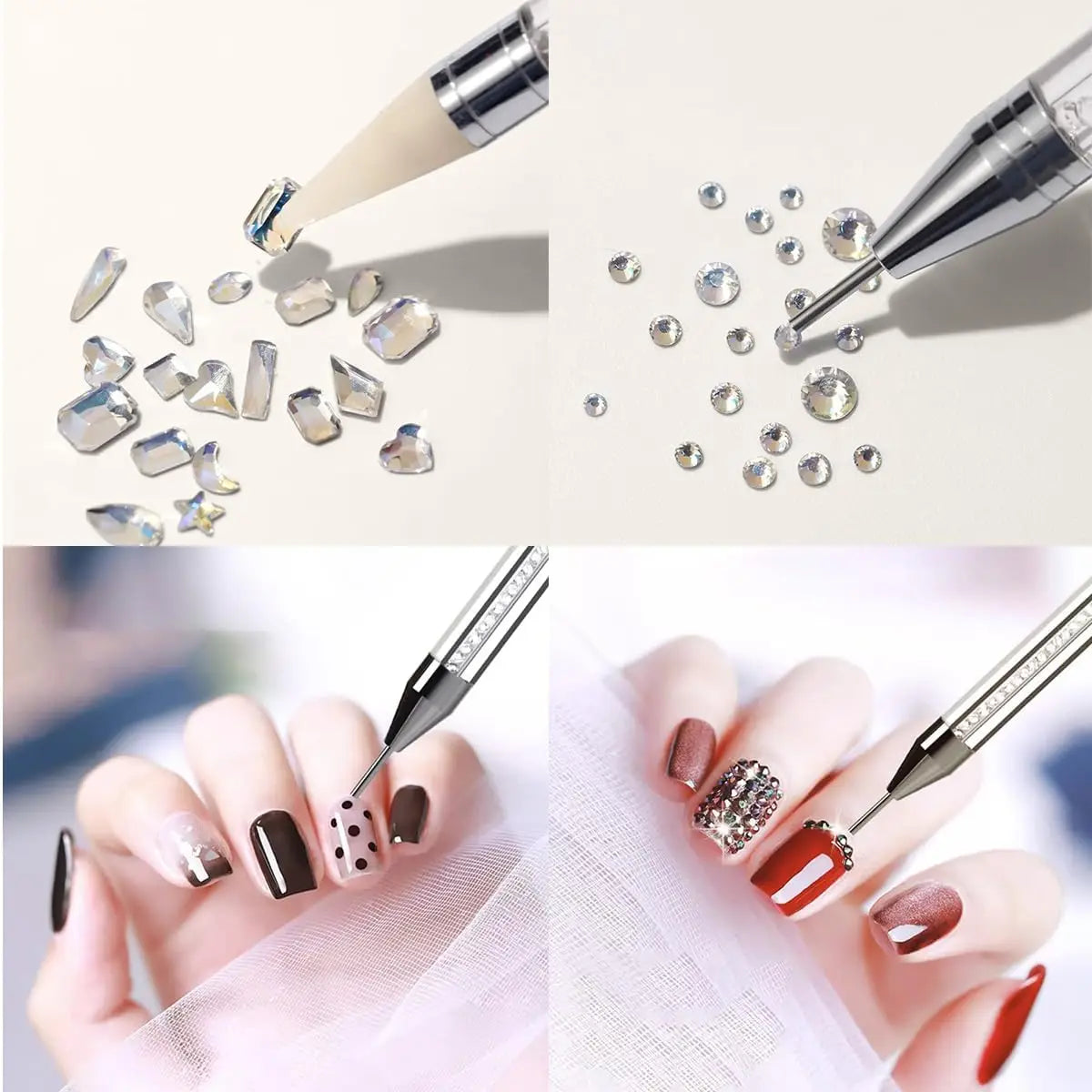 Un kit de pinceaux à strass à deux extrémités, avec des strass lâches et appliqués sur les ongles.
