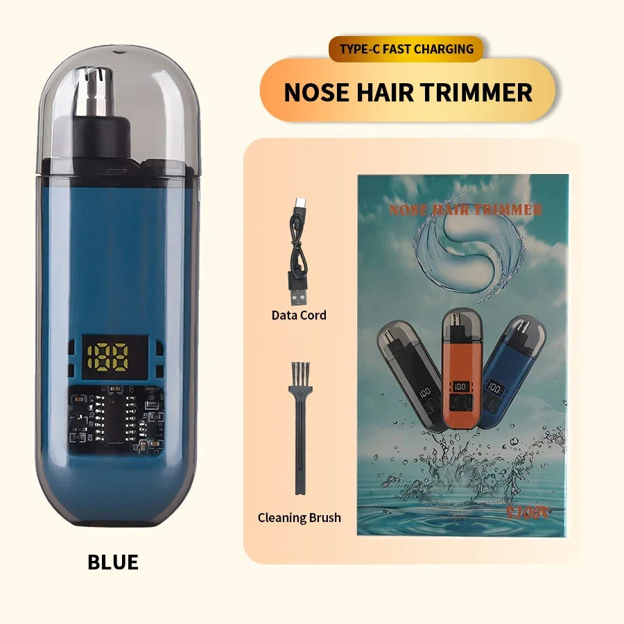 Blue Type-C fast charging nose hair trimmer with a cleaning brush and data cord.