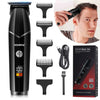 A black electric rechargeable full-body grooming trimmer with various attachments shown next to a man using the device.