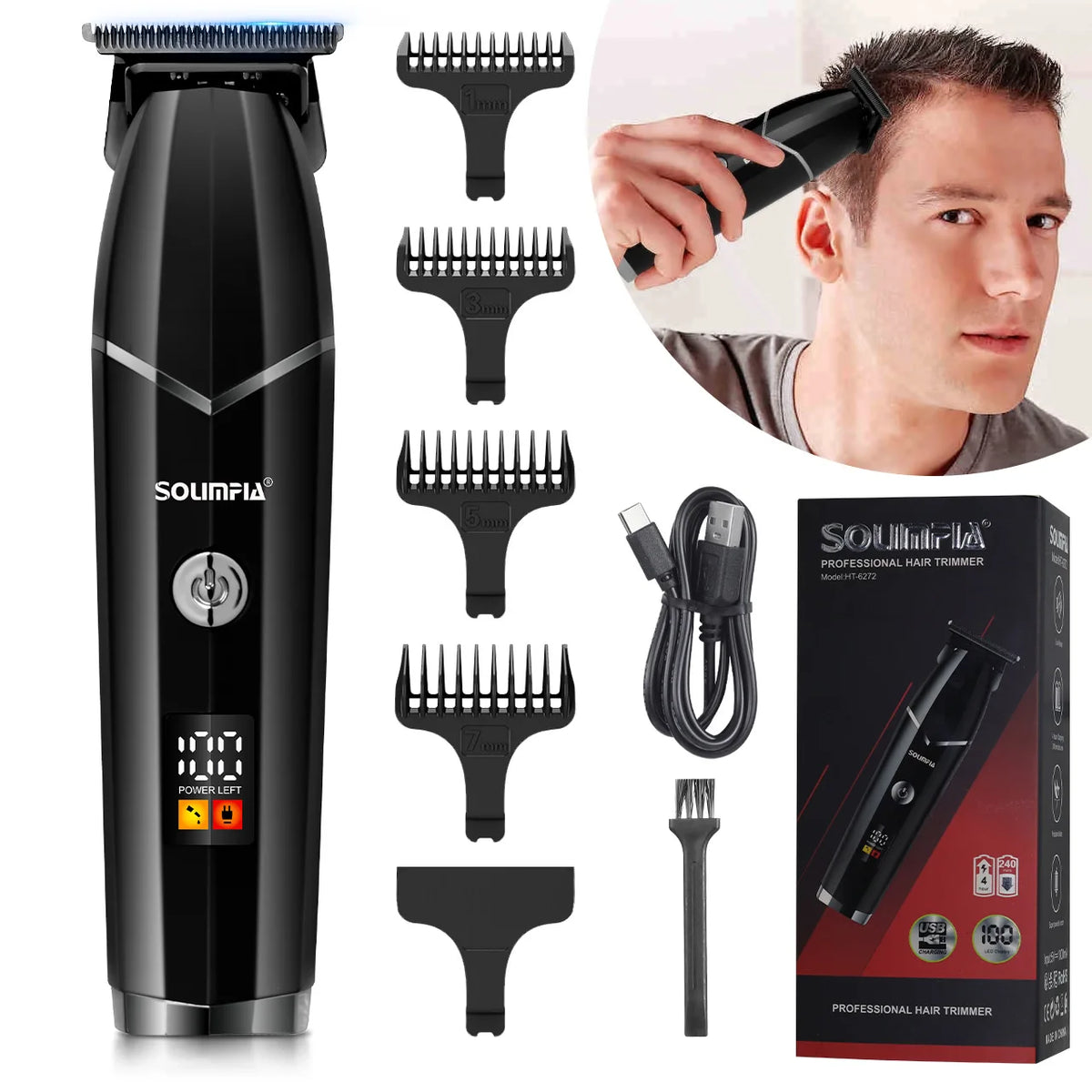 A black electric rechargeable full-body grooming trimmer with various attachments shown next to a man using the device.
