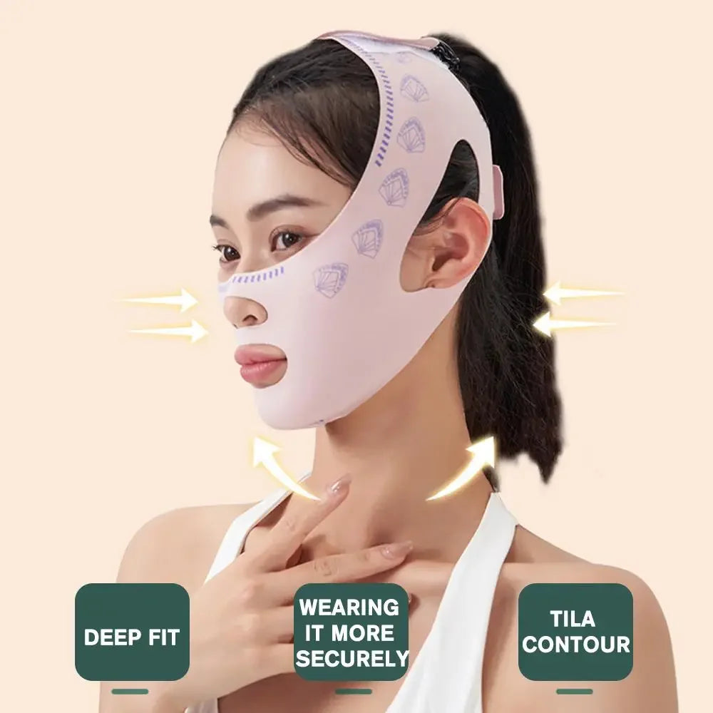A woman is wearing a pink lymphatic sculpting bandage on her face and neck, demonstrating its fit and contouring features.
