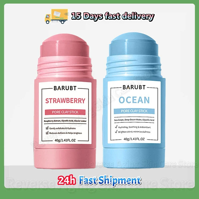 Two tubes of Barubt pore clay stick, one pink strawberry and one blue ocean, for facial cleansing.