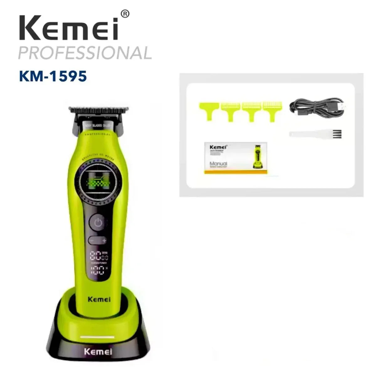 A yellow Kemei KM-1595 professional rechargeable hair clipper and trimmer set with a black cord.