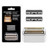 Replacement foil head and cutters blade for a shaver, packaged in a black plastic case.