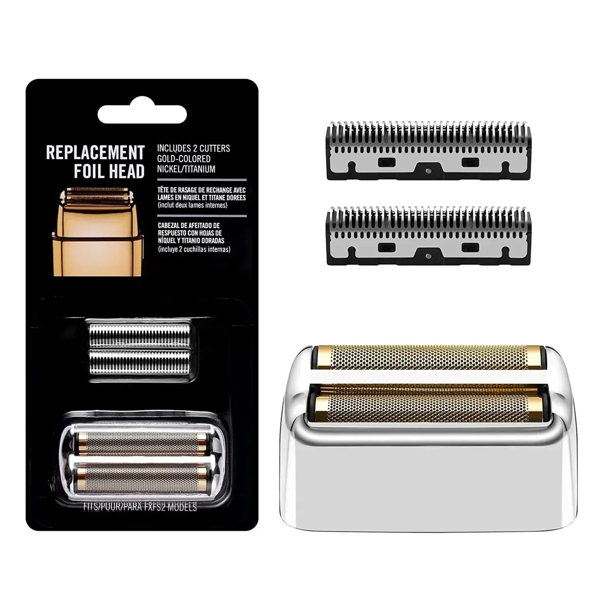 Replacement foil head and cutters blade for a shaver, packaged in a black plastic case.