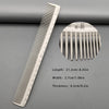 A white professional hair styling comb set shown with dimensions and a close-up view of the teeth.