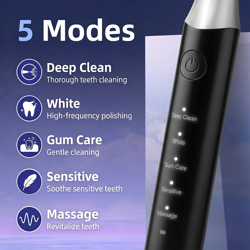 A black electric toothbrush is shown next to a graphic detailing five cleaning modes: Deep Clean, White, Gum Care, Sensitive,