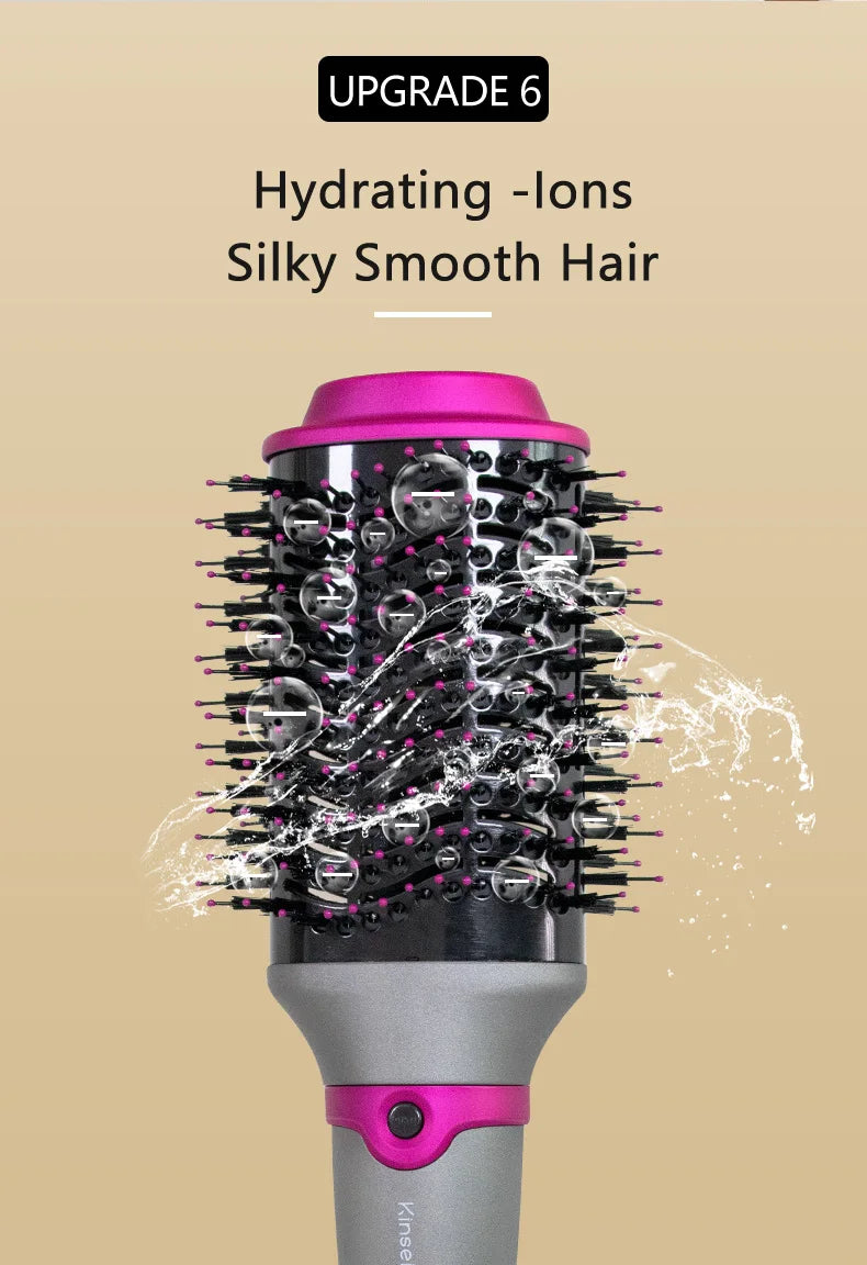 Rosa und silberner Heißluft-Styling-Pinsel, der für seidig glattes Haar verwendet wird.