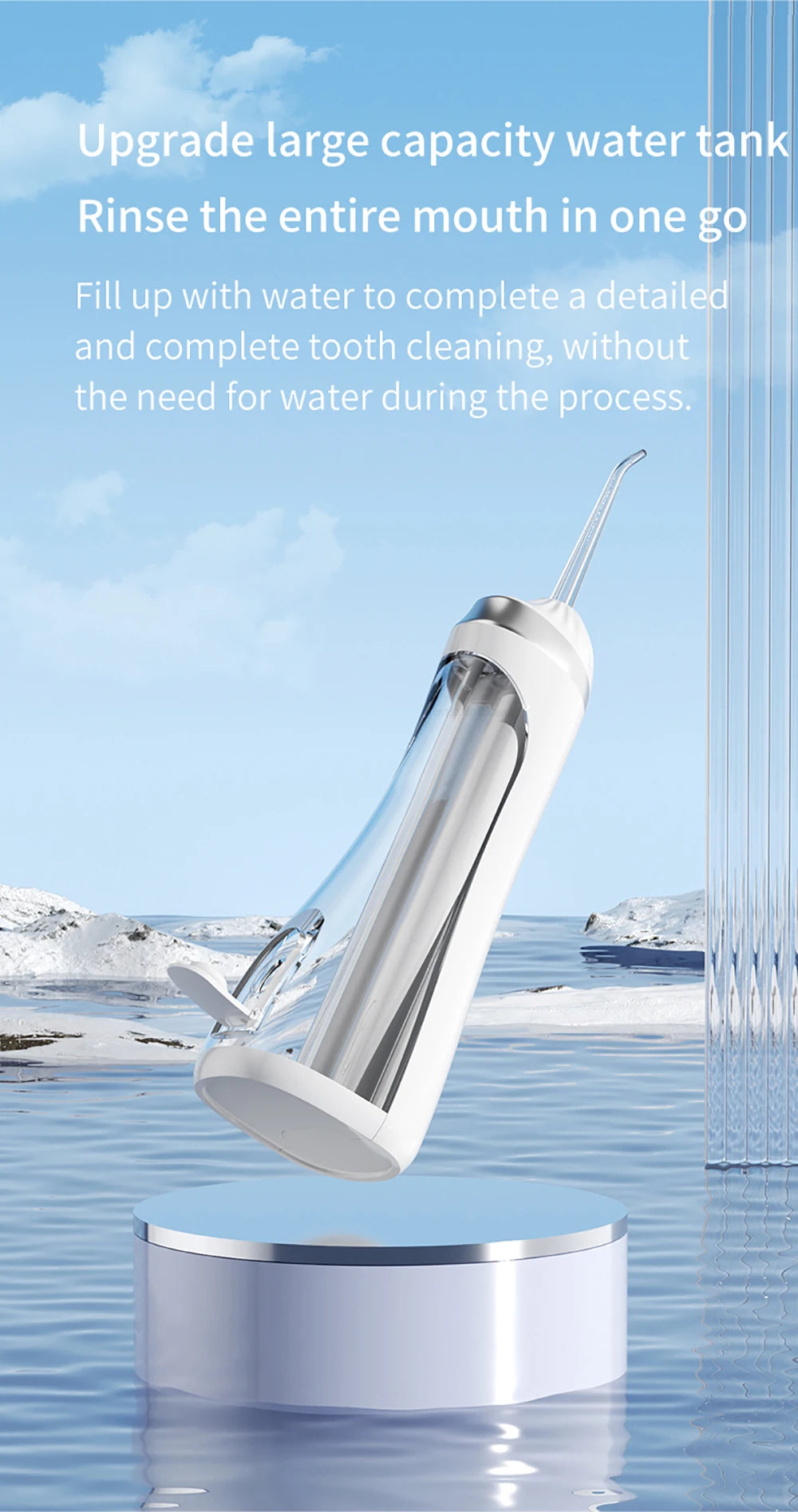 A white portable oral irrigator device is shown being used to rinse the mouth, with water flowing from a glass tube.