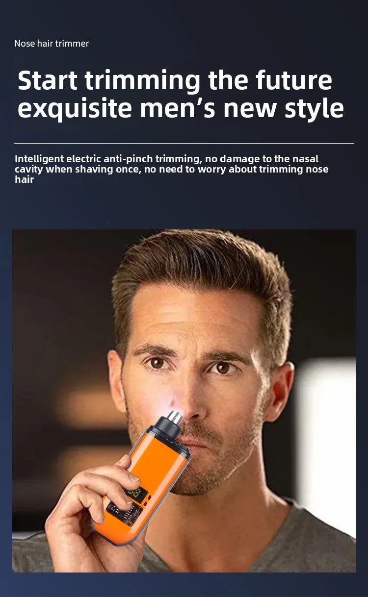 A man holds an orange electric nose hair trimmer near his face, demonstrating its use for trimming nose hair.