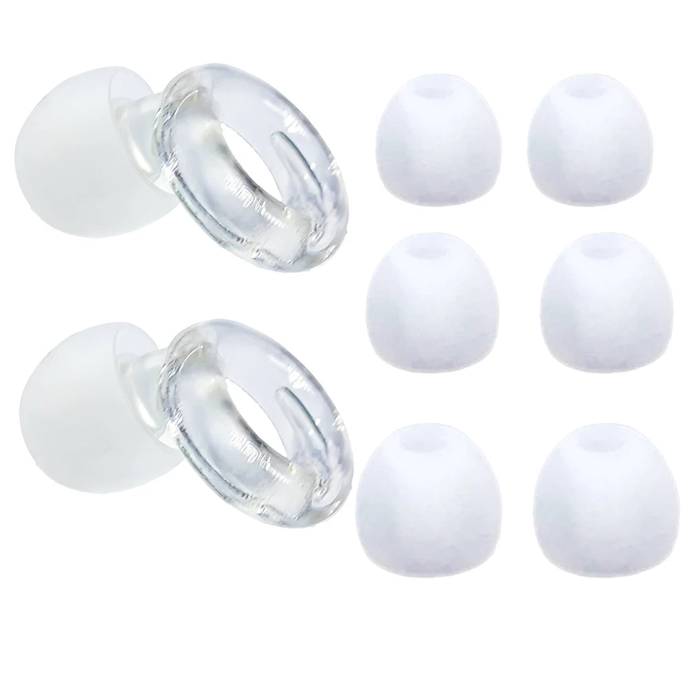 A set of white silicone noise-cancelling earplugs for sleep and swimming, shown in various forms.