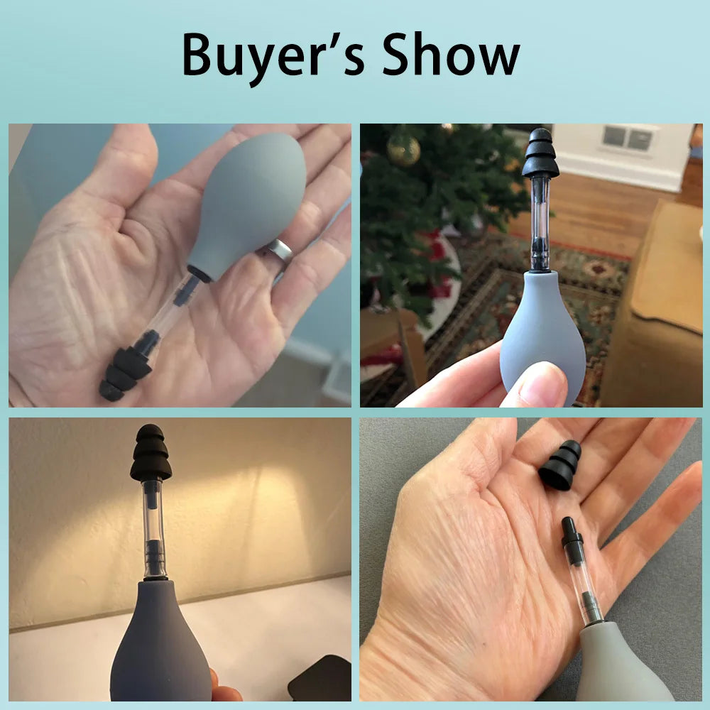 A hand holds a portable ear pressure relief tool, showing its design and application.