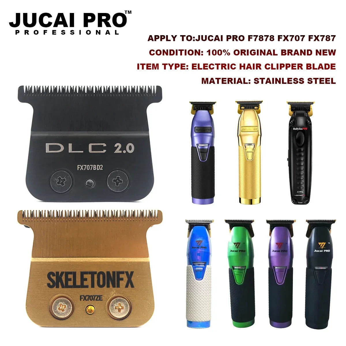 A set of professional electric hair clipper blades including a DLC 2.0 and SkeletonFX blade.