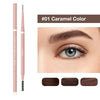 Gros plan d'un crayon d'eye-liner rose étiqueté #01 Caramel avec plusieurs échantillons de couleurs.