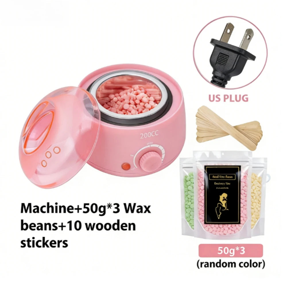 Rosa Paraffinwachthitzer mit rotierender Kammer und Zubehör wie Wachsbohnen und Holzaufkleber.