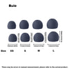A set of dark gray silicone earplugs in various sizes XS to L are displayed with corresponding measurements.