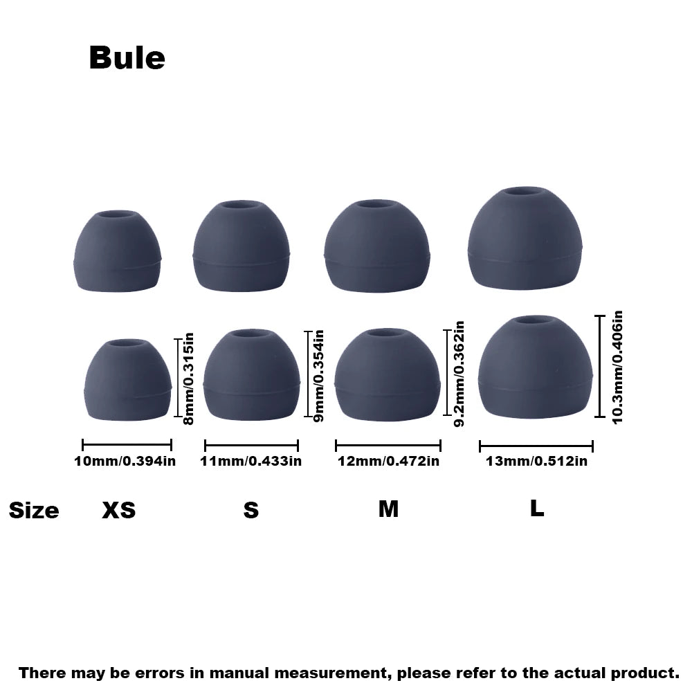 A set of dark gray silicone earplugs in various sizes XS to L are displayed with corresponding measurements.