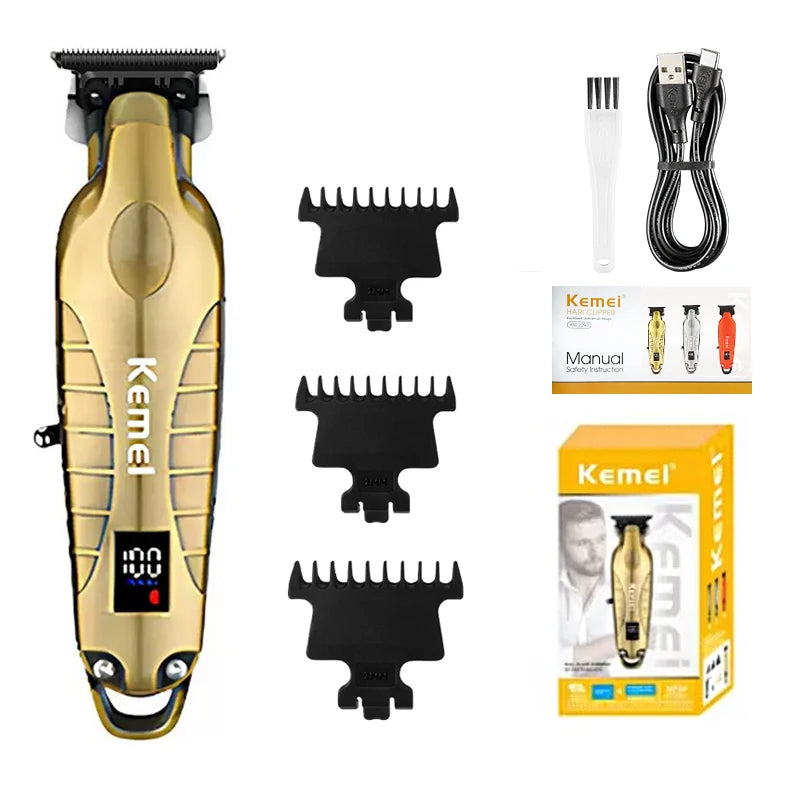 A Kemel professional rechargeable electric hair clipper trimmer with a gold and black body, showing various attachments.