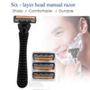 A six-layer head manual razor is shown alongside a disassembled razor blade set and a man using the product.