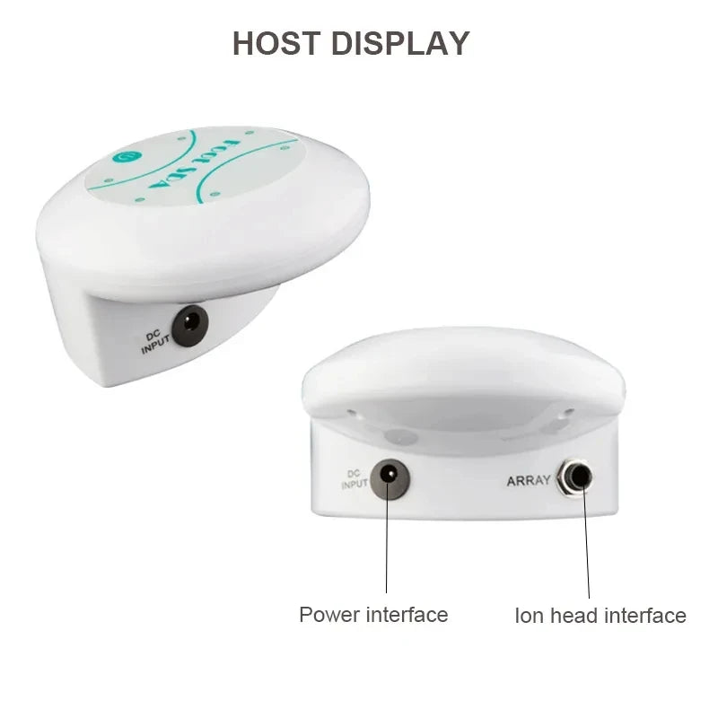 A white host display unit for an ionic detox foot spa massager showing DC input and an array connection.