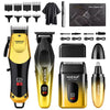 Set von HIENA elektrischen Haarschneidern und Trimmern in schwarz und gold, mit verschiedenen Aufsätzen.