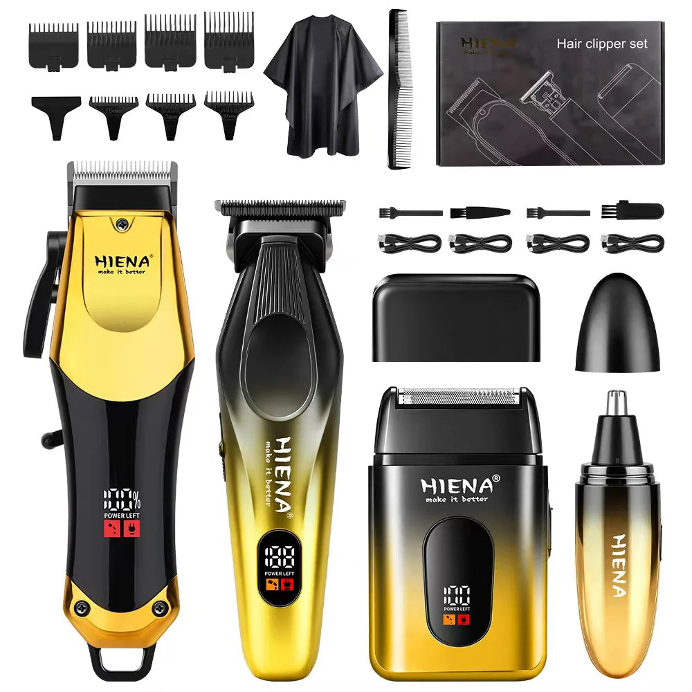 Set von HIENA elektrischen Haarschneidern und Trimmern in schwarz und gold, mit verschiedenen Aufsätzen.