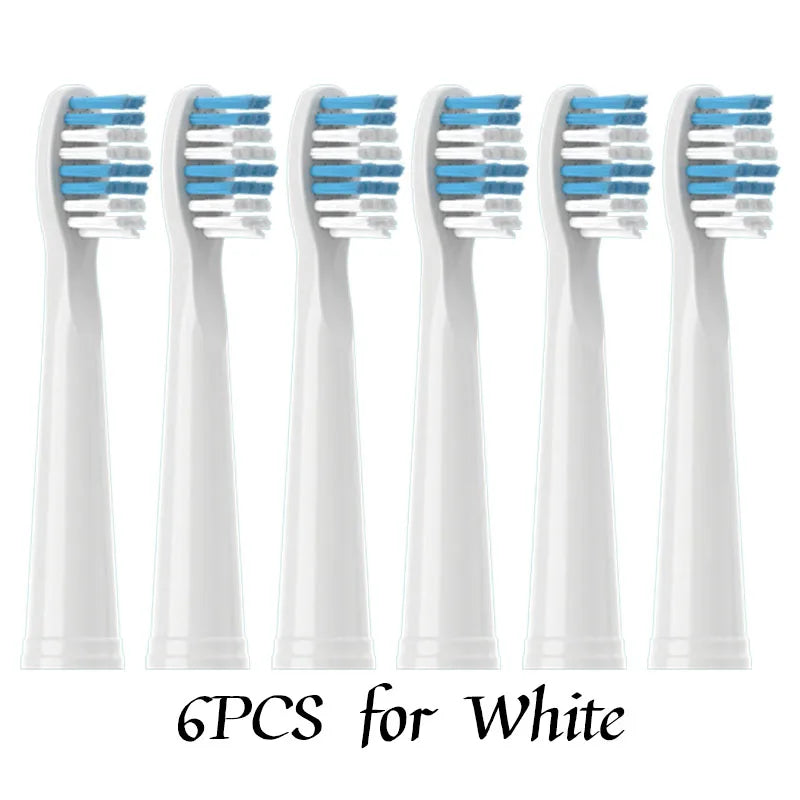 Six white replacement toothbrush heads for Seago electric brushes