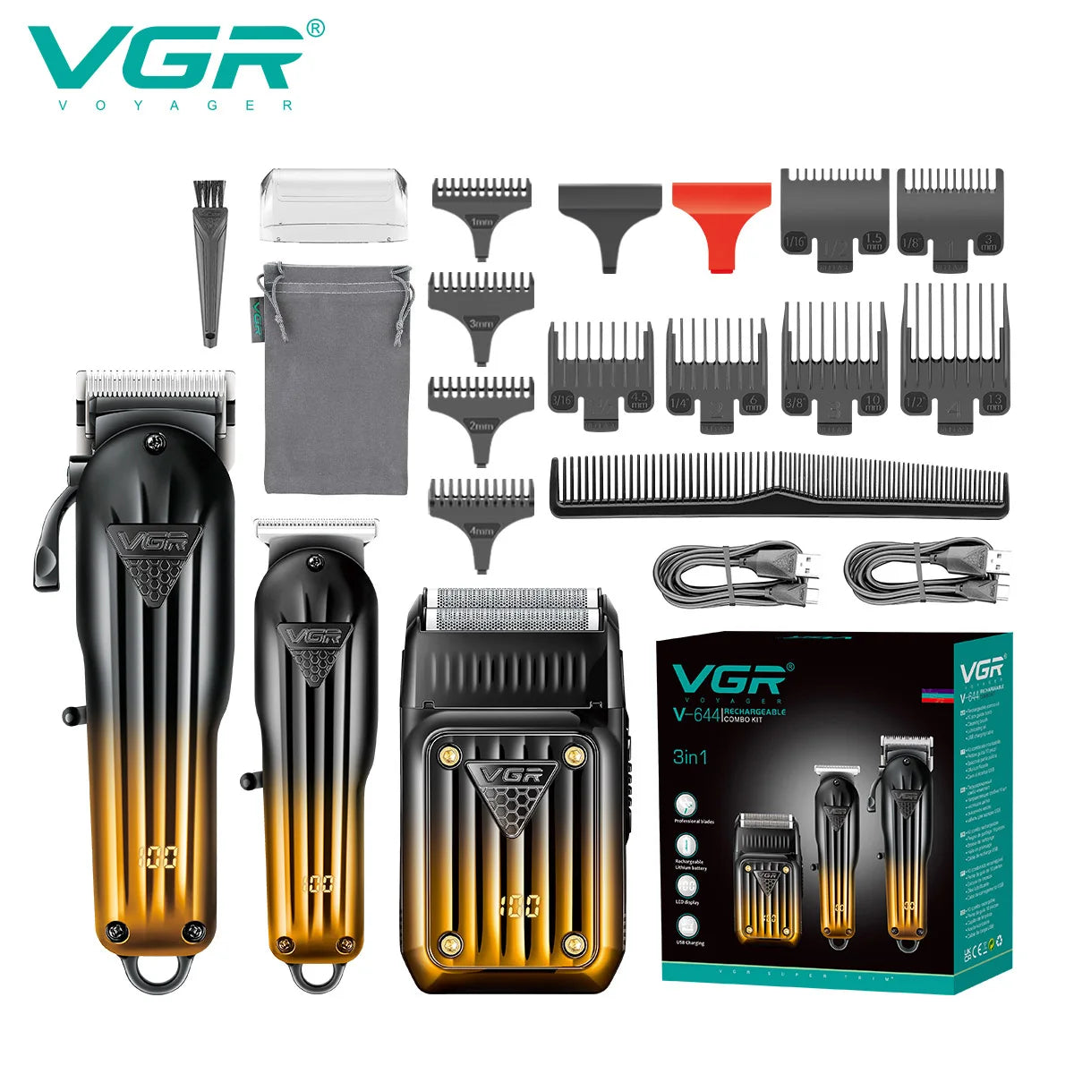 طقم أدوات تجميل كهربائية VGR يشمل ماكينات قص الشعر، ومزيلات الشعر، ومحلقات باللونين الأسود والذهبي.