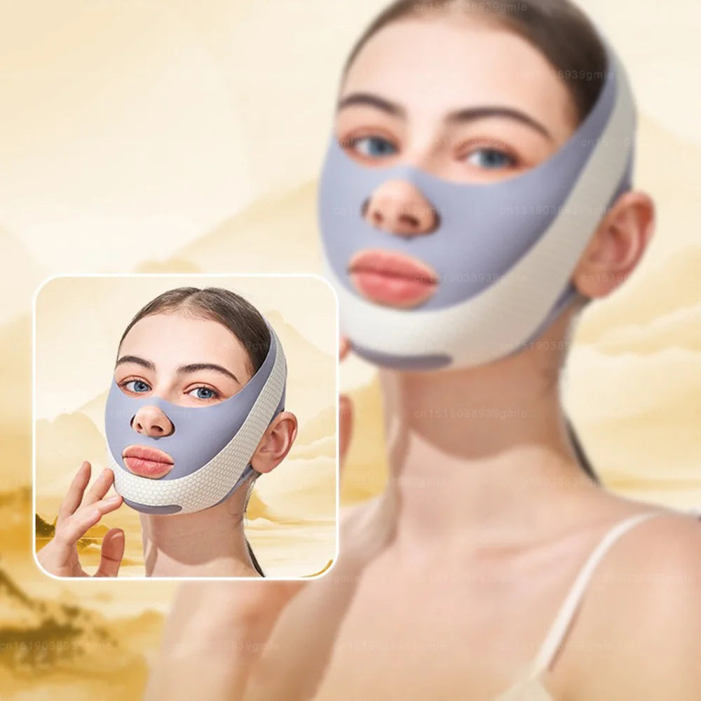 A woman is wearing a light gray V-Line face sculpting and slimming strap designed for facial contouring.