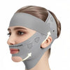 A person wearing a gray lymphatic sculpting bandage on their face and temple, showing massage points.