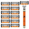 Six-blade manual razor with lubricating strip featuring black and orange components.