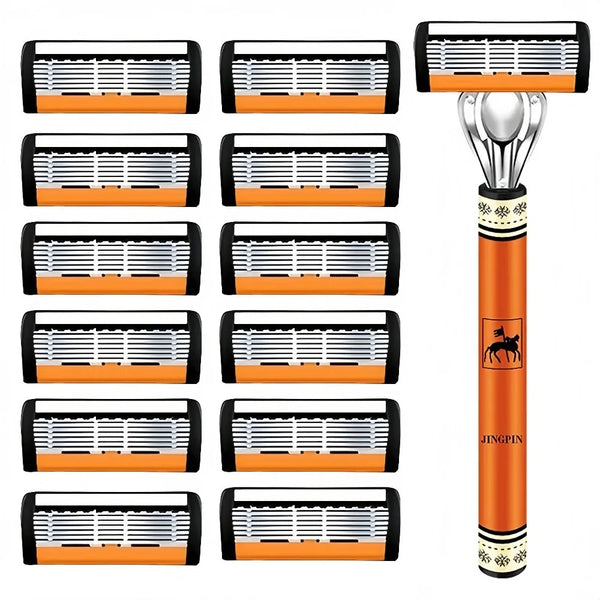 Six-blade manual razor with lubricating strip featuring black and orange components.