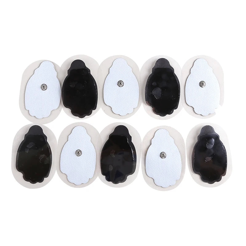 A set of twelve self-adhesive conductive electrode pads in black and white for medical or electronic use.