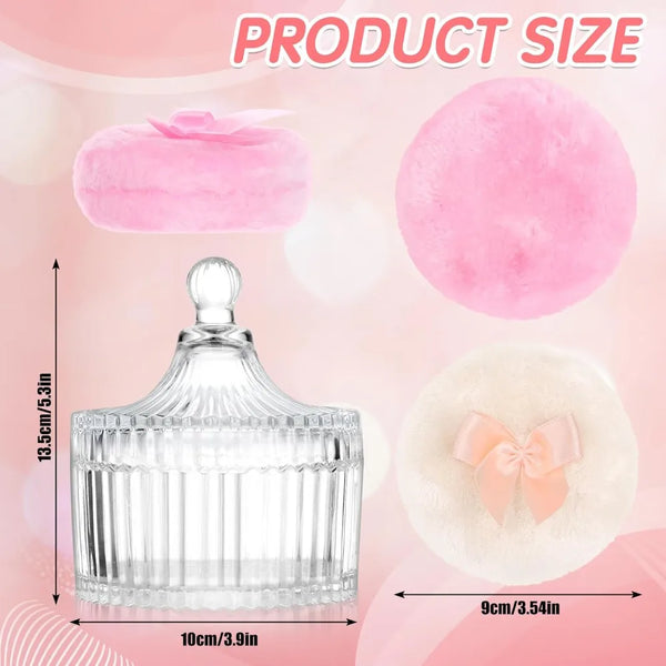 A set of luxury velvet powder puffs shown with a clear glass storage jar and measurements.