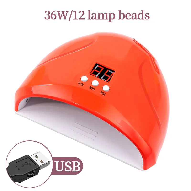 Orange UV/LED nail curing lamp with a digital display and USB charging port