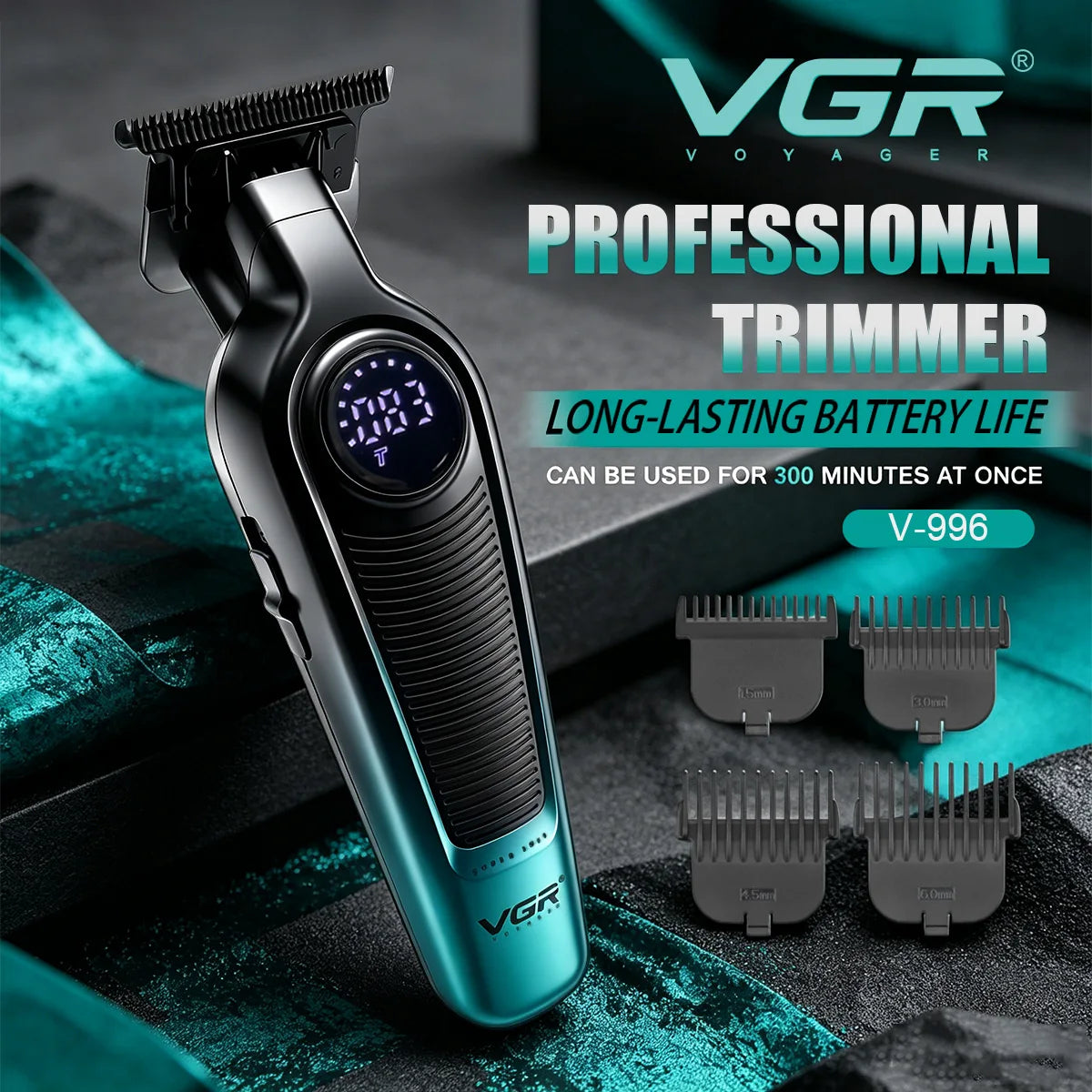 VGR Voyager Profi-Trimmer mit schwarzem Schutz und mehreren Aufsätzen auf dunkler Oberfläche.