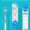 Outil de nettoyage de langue en silicone rose emballé dans un tube bleu.