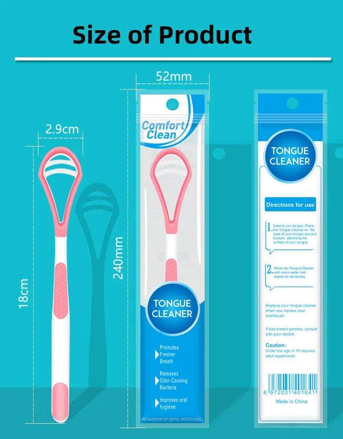 Outil de nettoyage de langue en silicone rose emballé dans un tube bleu.