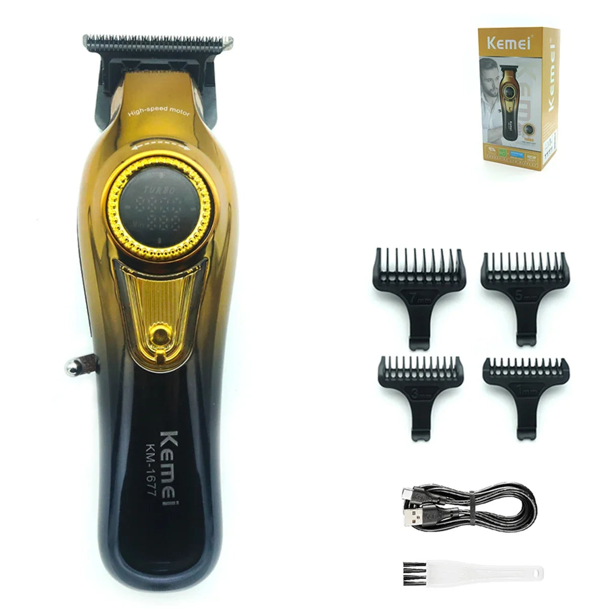 A Kemel KM-1677 professional dual-speed hair clipper kit showing the main body and various attachments.