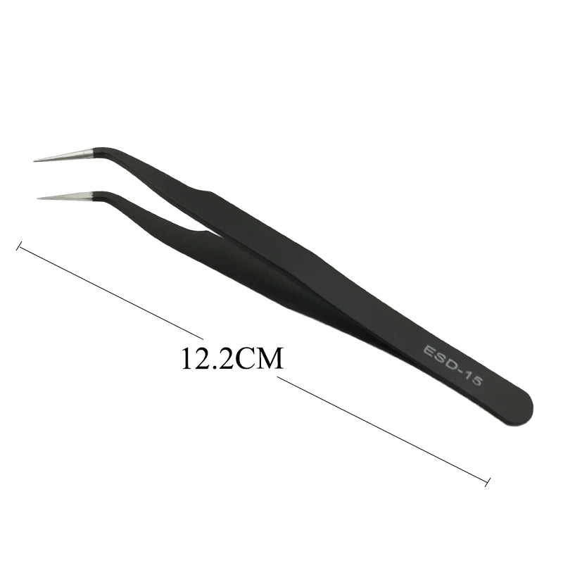 Black stainless steel eyelash tweezers with a 12.2cm length