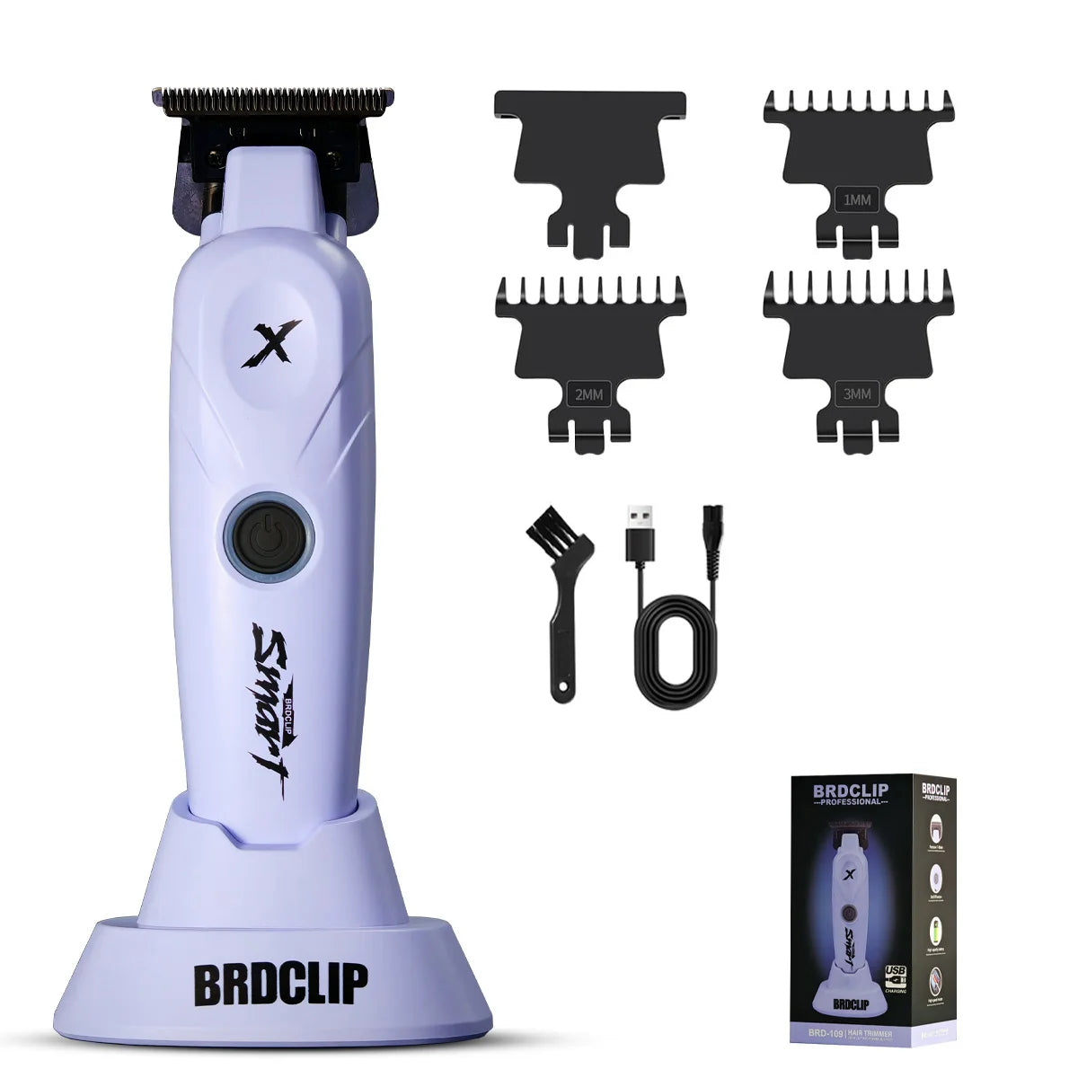 A purple BRDCLIP hair grooming kit with various attachments and a main body shown on a white background.