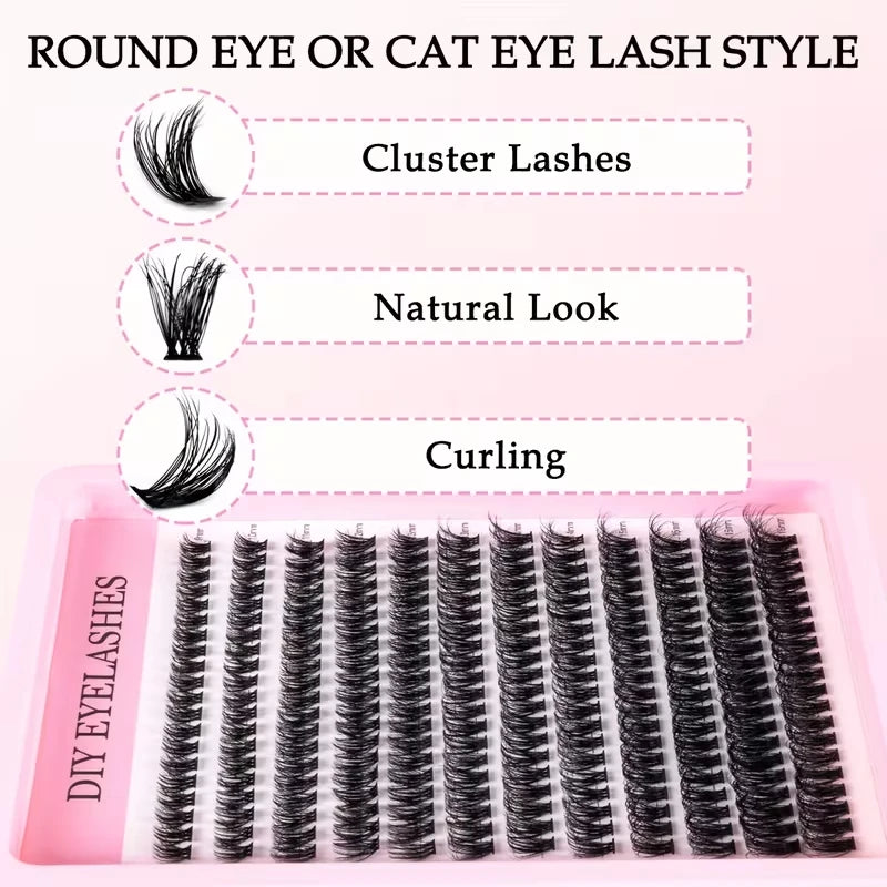 Pink box of black cluster and natural look eyelash extensions for DIY beauty