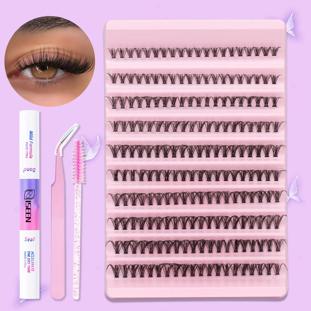 A pink DIY cluster lash kit featuring bond and seal tweezers and multiple rows of lash extensions.