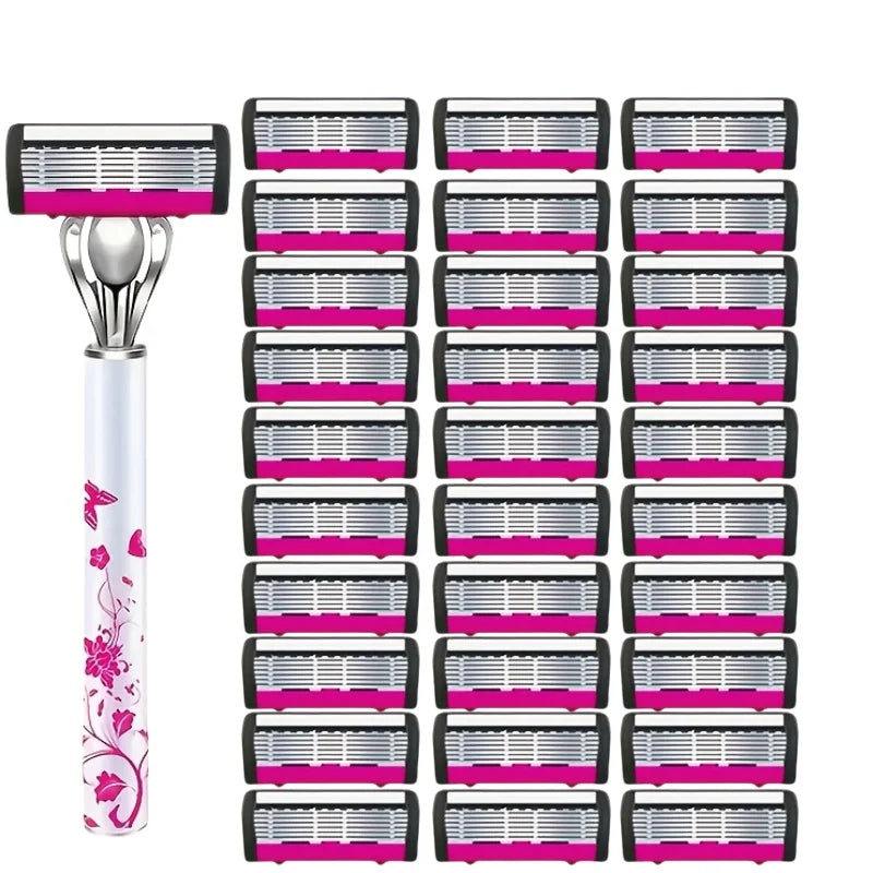 A collection of multi-layer body hair removal razors with silver handles and pink and white blades.