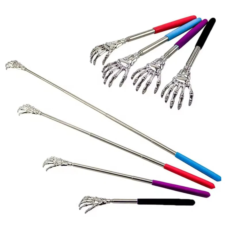 A set of stainless steel telescoping back massagers in various colors including red, blue, and purple.