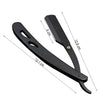 A black professional stainless steel straight edge barber razor with measurements marked.