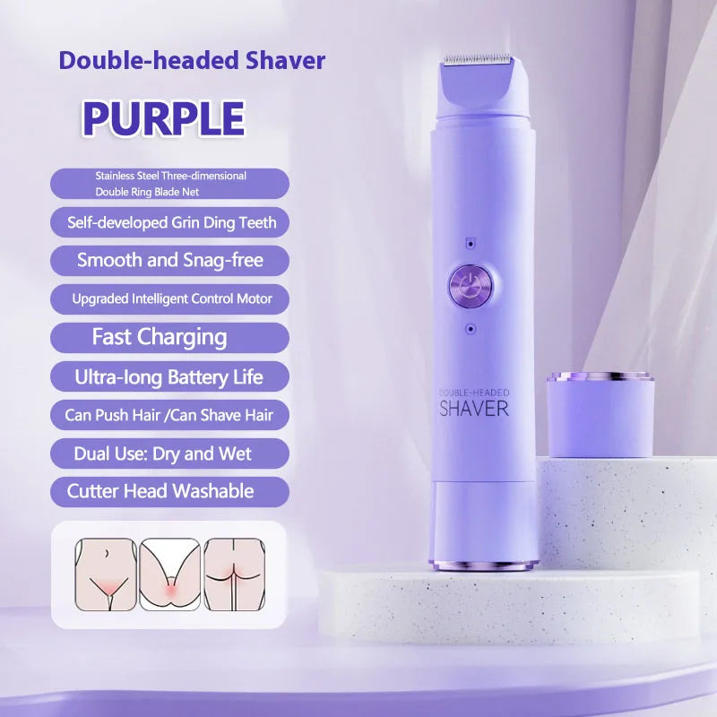 A purple double-headed shaver is displayed on a white surface with diagrams showing its use.