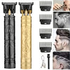A set of vintage rechargeable hair clippers and trimmers in black and gold finishes shown with close-ups of the blades.
